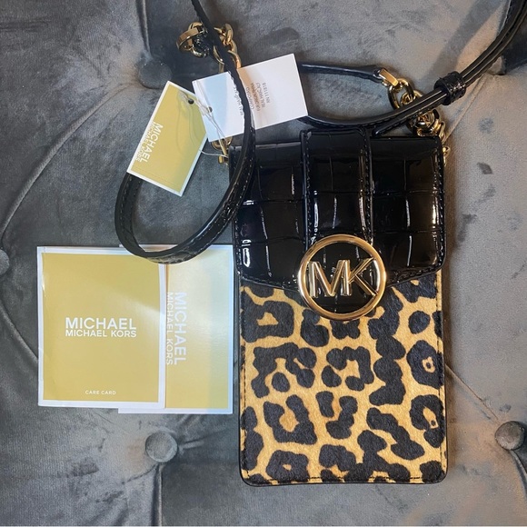 NWT Michael Kors Carmen Leopard Small NS Phone Crossbody Real Hair Calf - Picture 14 of 15